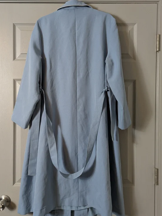 Vintage 60s Light Blue Button-Front Long Coat with White Piping Size Large - Picture 4 of 5